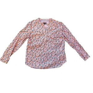 Talbots Floral Popover Blouse Womens Medium Long Sleeve Orange‎ Pink Navy EUC